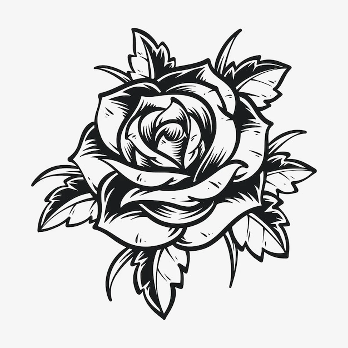 Ilustración en blanco y negro de una rosa rodeada de hojas