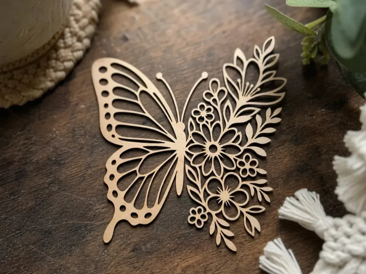 Silueta calada de madera mitad mariposa y mitad flores
