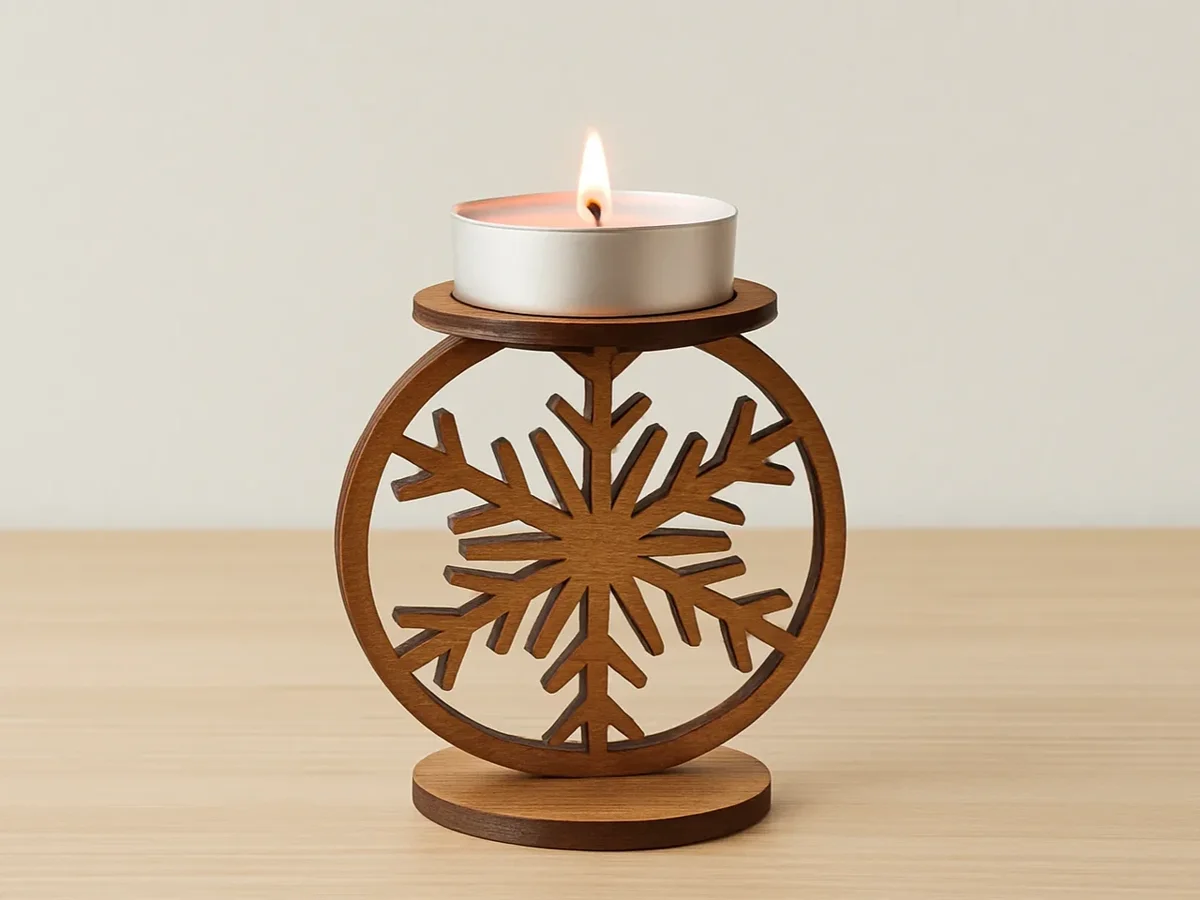 Soporte decorativo de madera con copo de nieve circular