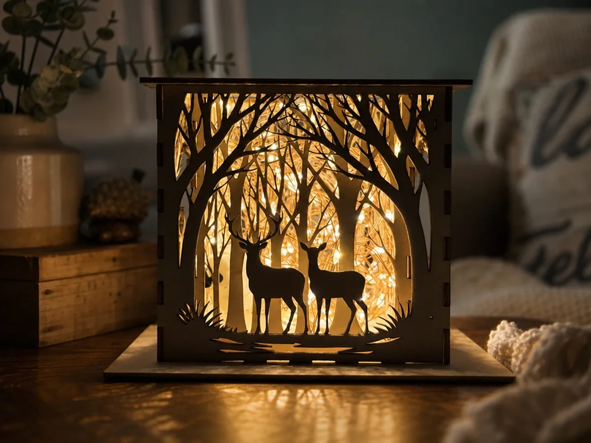 Farol de madera iluminado con ciervos y siluetas de árboles