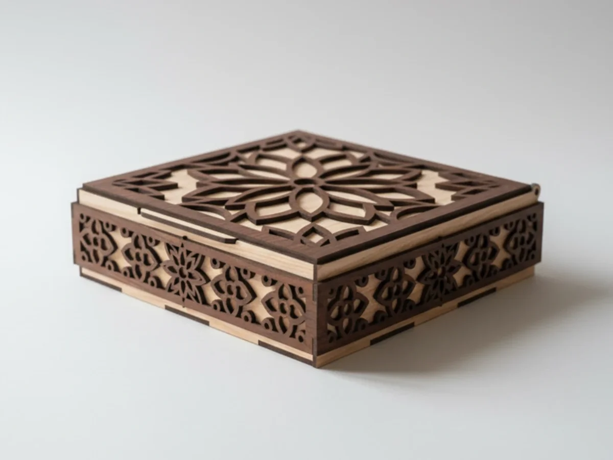 Caja de madera con tapa mandala y laterales calados